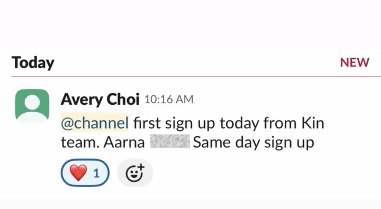 Slack message from Avery Choi — same day sign up