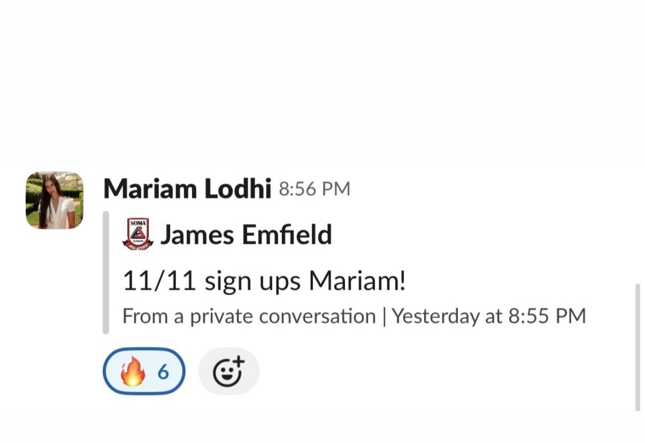 Slack message from Mariam Lodhi — 11 sign ups at Soma Jiu-Jitsu